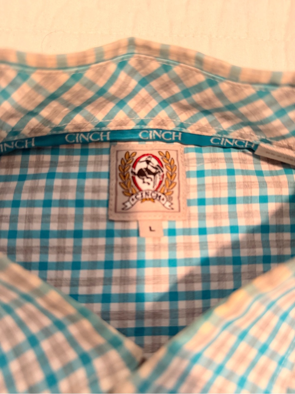 Cinch Teal and White Plaid Long-Sleeve Button-Down Shirt - Picture 2 of 3